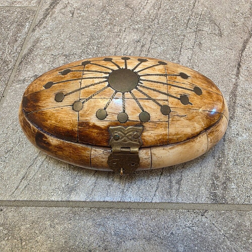 Camel Bone Inlayed Brass Oval Trinket Jewelry Box with Brass Owl Clasp